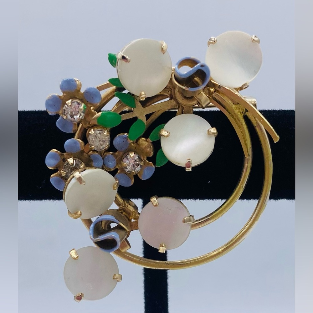 Vintage Gold Tone Enameled Delicate Floral Brooch With Mother Of Pearl Disc